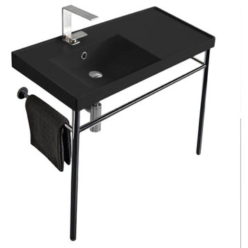 Matte Black Ceramic Console Sink and Polished Chrome Stand, One Hole