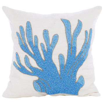 Aqua Pillow Silk & Cotton Couch Pillows, 20"x20" Beaded, Coral Treasure