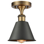 INNOVATIONS LIGHTING - Innovations 516-1C-BB-M8-BK 1-Light Semi-Flush Mount Brushed Brass - Innovations 516-1C-BB-M8-BK 1-Light Semi-Flush Mount Brushed Brass. Collection: Ballston. Style: Industrial, Farmhouse, Restoration-Vintage. Metal Finish: Brushed Brass. Metal Finish (Shade): Matte Black. Metal Finish (Canopy/Backplate): Brushed Brass. Material: Steel, Cast Brass. Dimension(in): 9. 5(H) x 7(W) x 7(Dia). Bulb: (1)60W Medium Base,Dimmable(Not Included). Maximum Wattage Per Socket: 100. Voltage: 120. Color Temperature (Kelvin): 2200. CRI: 99. 9. Lumens: 220. Glass or Metal Shade Color: Matte Black. Shade Material: Metal. Shade Shape: Cone. Metal Shade Description: Matte Black Smithfield. Shade Dimension(in): 6. 5(W) x 4. 5(H). Fitter Measurement (Glass Or Metal Shade Fitter Size): Neckless with a 2. 125 inch Hole. Canopy Dimension(in): 4. 5(Dia) x 0. 75(H). Sloped Ceiling Compatible: No. California Proposition 65 Warning Required: Yes. UL and ETL Certification: Damp Location.