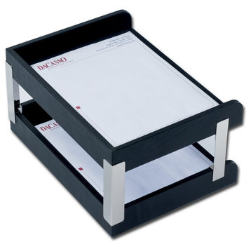 A1073 Classic Black Leather Double Side Load Letter Trays With Silver Posts