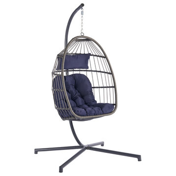 Patio Swing Egg Chair Folding Hanging Chair With Pillow and Stand, Navy Blue
