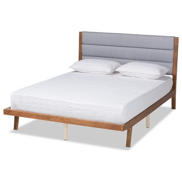 Modern and Contemporary Grey Fabric Upholestred Wood Queen Size Platform Bed