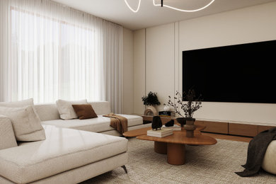 Großes Modernes Wohnzimmer mit beiger Wandfarbe, braunem Holzboden, TV-Wand und braunem Boden in Hannover