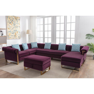 Maddie Purple Velvet 7-Seater Sectional w/ Reversible Chaise and Storage Ottoman