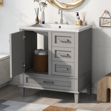 30" Bath Vanity with Single Sink and Drawer Organizer, Freestanding, Grey