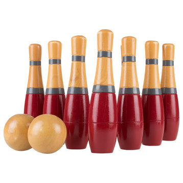 8" Wooden Lawn Bowling Game, Indoor & Outdoor Toy, Red and Gray