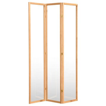 Modern Room Divider, Wooden Frame With Clear Acrylic Screens, Natural, 3 Panels