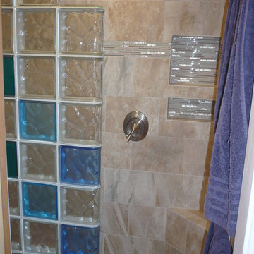 Glass block shower with colored blocks and recessed tile niche Los Alamos New M