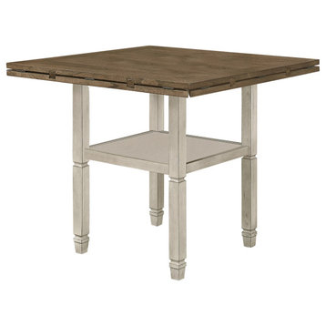Farmhouse Dining Table, Square Top With Turned Legs & Open Shelf, Rustic Cream