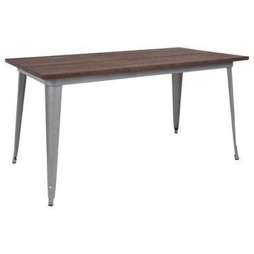 30.25"x60" Rectangular Silver Metal Indoor Table With Walnut Rustic Wood Top