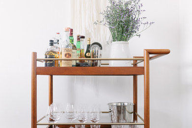 Bar cart - small contemporary dark wood floor bar cart idea in Tampa with medium tone wood cabinets