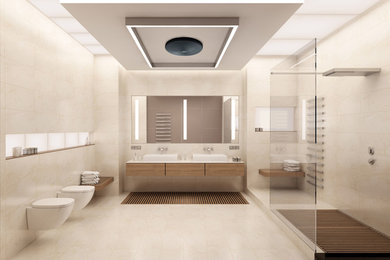 This is an example of a mid-sized modern master wet room bathroom in Melbourne with a bidet, beige tile, ceramic tile, beige walls, marble floors, engineered quartz benchtops and beige floor.