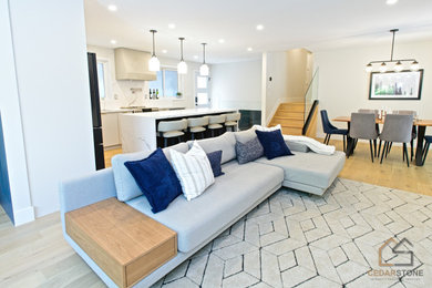 Living room - mid-sized scandinavian open concept light wood floor and brown floor living room idea in Toronto with white walls and a wall-mounted tv