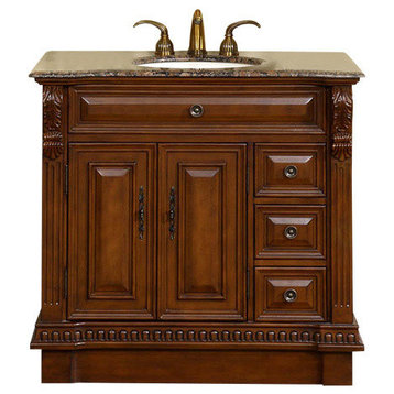 38 Inch Brown Bathroom Vanity with Single Sink, Granite Top, Traditional