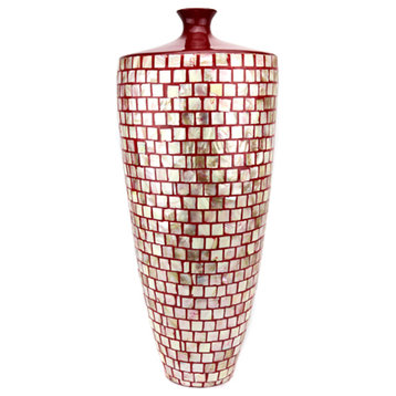 Aurora Ceramic Vase Glazed Red with Mother of Pearl Insets