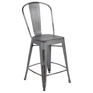 Home Square 2 Piece Metal Slat Back Counter Stool Set in Distressed Silver Gray