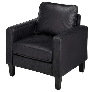 Contemporary Accent Chair, Low Profile Design With Cushioned Seat & Back, Black
