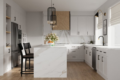 Example of a mid-sized minimalist l-shaped laminate floor and beige floor eat-in kitchen design in Orange County with shaker cabinets, white cabinets, white backsplash, stainless steel appliances, an island and white countertops