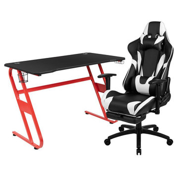 Red Gaming Desk and Black Footrest Reclining Gaming Chair Set with Cup...