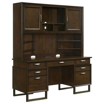 Pemberly Row 7-drawer Wood Credenza Desk Dark Walnut and Gunmetal