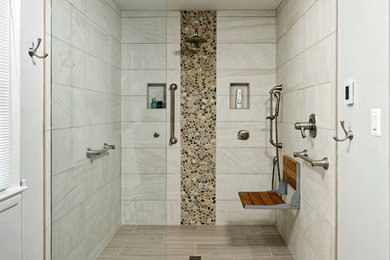 Example of a mid-sized transitional master gray tile and ceramic tile ceramic tile and gray floor bathroom design in DC Metro with a one-piece toilet, green walls, an undermount sink and white countertops