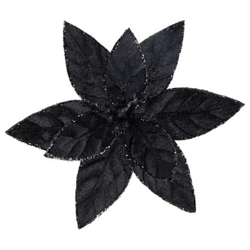 10" Black Glittered Poinsettia Christmas Floral Clip