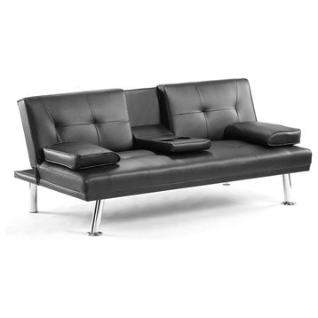 Modern Futon, Removable Padded Arms & Flip Down Cup Holders, Black Faux Leather