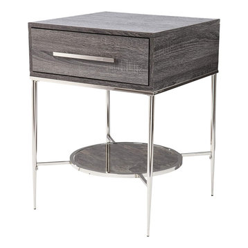 Transitional Nightstand, Unique Design With Drawer & Round Glass Shelf, Black