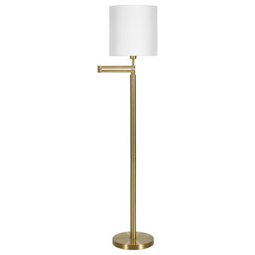 62" Brass Swing Arm Floor Lamp With White Frosted Glass Drum Shade