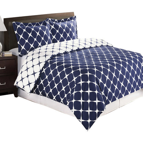 Bloomingdale Cotton Reversible Duvet Cover Set, Navy and White, King/Cal King