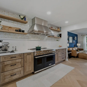 Warm Cherry Kitchen and Powder Room Remodel with Waterfall Island in Herndon, VA