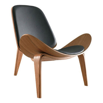 Modern Shell Chair Single Side Chair Tripod Black Leather Lounge Chair