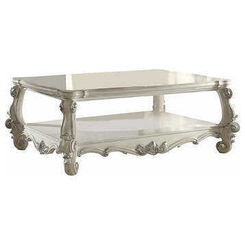 Traditional Style Wooden Coffee Table With Scrolled Legs, Antique White