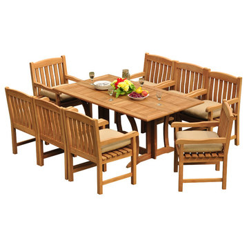 9-Piece Outdoor Patio Teak Dining Set, 69" Warwick Table, 8 Devon Arm Chairs