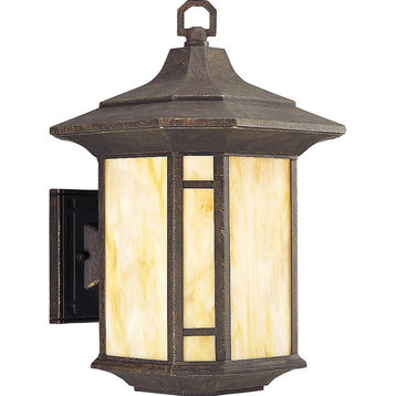 Arts and Crafts 1-Light Outdoor Wall Lantern, Weathered Bronze and Honey art