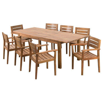 GDF Studio 9-Piece Sakura Outdoor Wood Dining Set With Expandable Dining Table