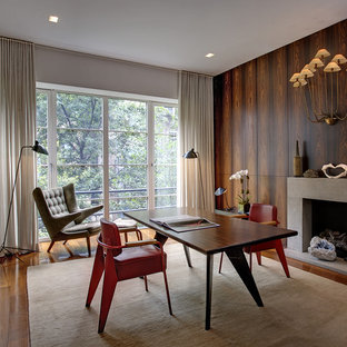 Idéer för att renovera ett 50 tals arbetsrum, med en spiselkrans i betong och en standard öppen spis