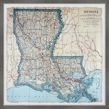 "Blue Louisiana Map" Framed Painting Print, 24x24