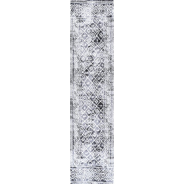 Iften Moroccan Geometric Distressed Ivory/Black 2 ft. x 10 ft. Runner Rug