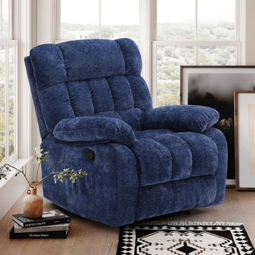 Ergonomic Recliner, Extra Padded Seat With Grid Tufting & Pillowed Arms, Blue
