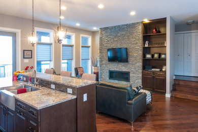 Example of a small classic open concept dark wood floor and brown floor living room design in Other with gray walls, a ribbon fireplace, a stone fireplace and a wall-mounted tv