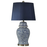 StyleCraft Home Collection - Chinese Blue Ginger Jar pan Steel Base Navy Fabric Drum Shade - The ceramic frame of this ornate lamp features a blue ivy pattern over a white background. There is a silver finial that matches the base and a dark blue fabric hardback shade. This blue and white table lamp supports three-way operation, so it's ideal for a hallway, bedroom, office, living room, or dining room.