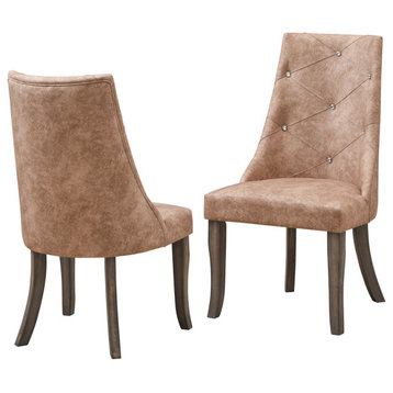 Crystal Tufted Dining Side Chairs, Light Brown Fabric and Gray Wood, Set of 2