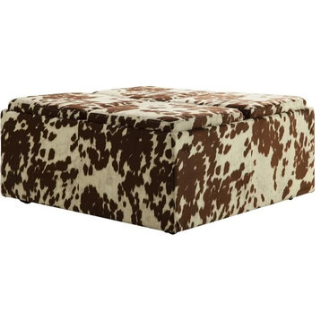 Unique Square Storage Ottoman, Cowhide Upholstery & 4 Flip Over Trays, Brown