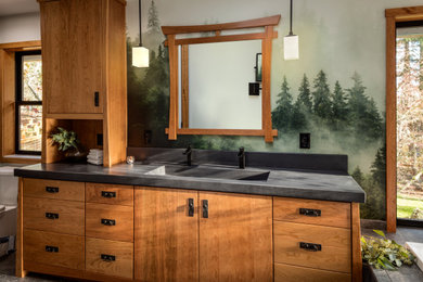 Bathroom - mid-sized asian master double-sink and wallpaper bathroom idea in Other with flat-panel cabinets, medium tone wood cabinets, an integrated sink, concrete countertops, a built-in vanity, multicolored walls and gray countertops