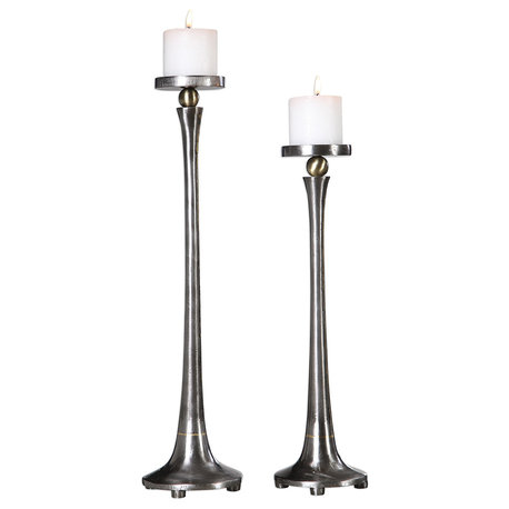 Sleek Rustic Cast Iron Pillar Candle Stick Holder Set 2 | Silver Gold Minimalist