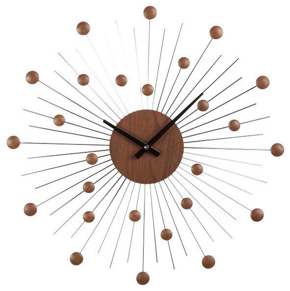Midcentury Star Clock, Wood and Silver