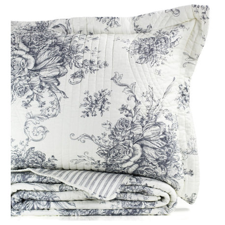 Toile Cotton Reversible Bamboo Stripe Quilt Set, Grey, King