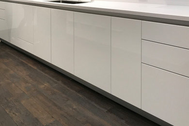 The new Kitchen with modern white cabinetry and recessed channel instead of trad