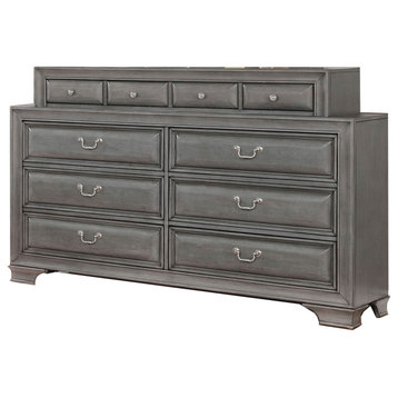 Transitional Wooden Dresser With 10 Drawers And Bracket Legs, Gray